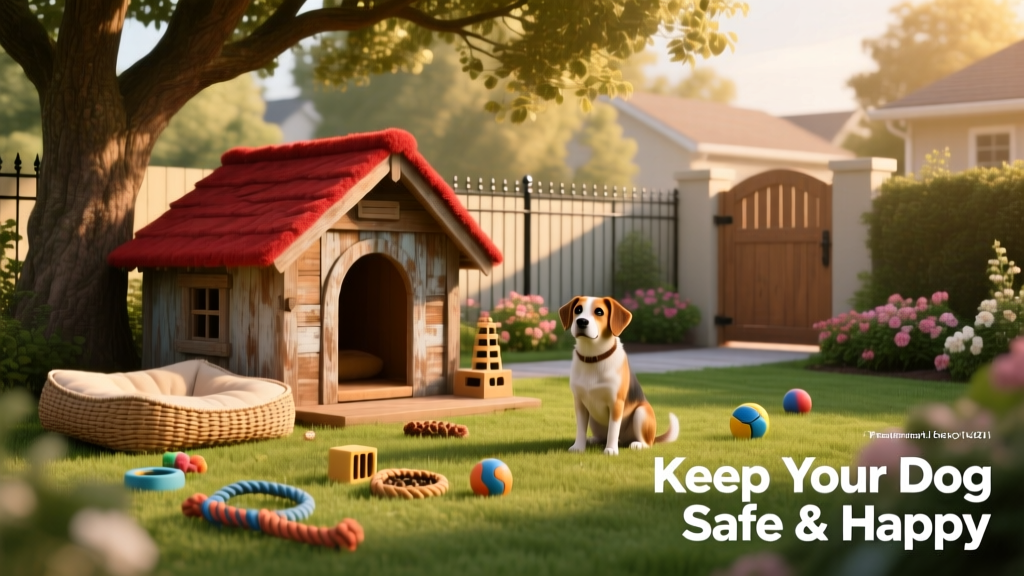 A serene, well-fenced backyard with a cozy dog house, shaded resting spot, and interactive toys scattered nearby—designed to keep a curious dog engaged and content