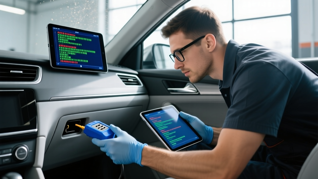 Mechanic plugging a compact blue Bluetooth OBD2 diagnostic scanner into the under-dash port of a vehicle while reading error codes on a tablet