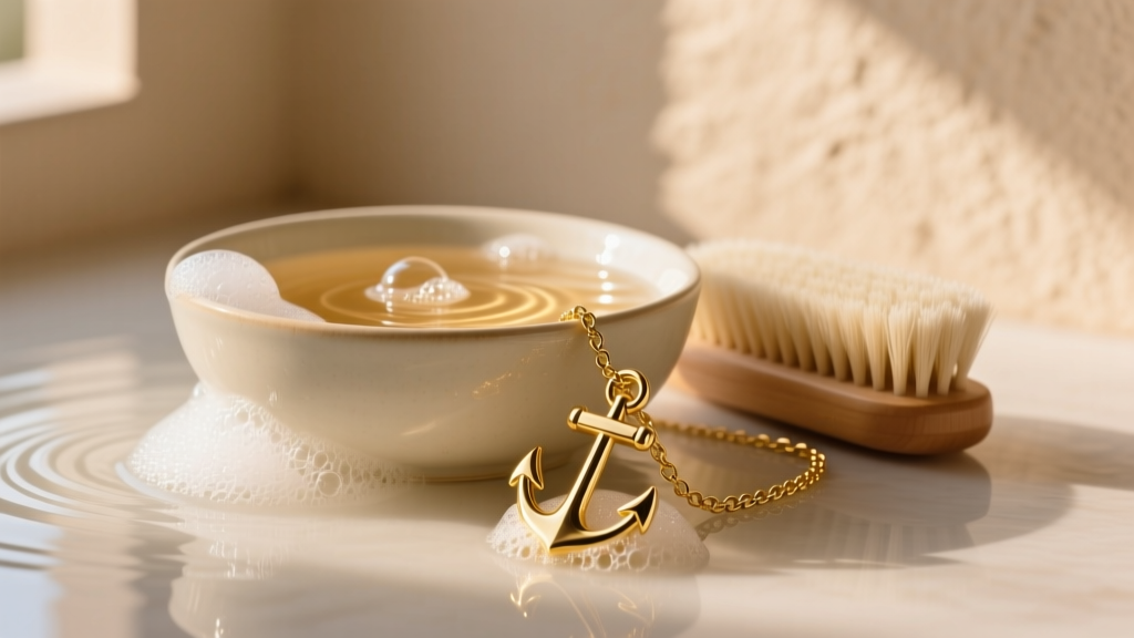 Warm soapy water in a ceramic bowl next to a soft brush, with a gold anchor necklace partially submerged in gentle cleaning suds