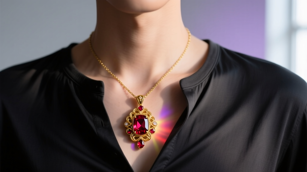 Person wearing a gold and ruby fantasy pendant over a dark henley shirt, soft RGB background lighting reflecting off the gemstone