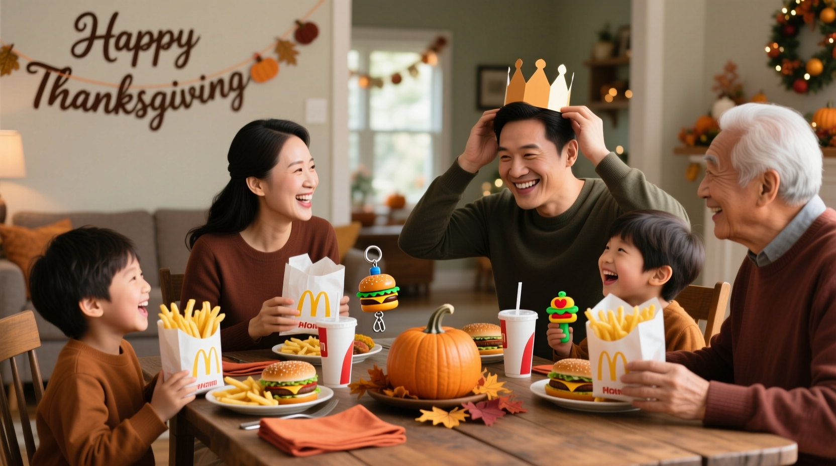 Family enjoying fast food meal on Thanksgiving holiday