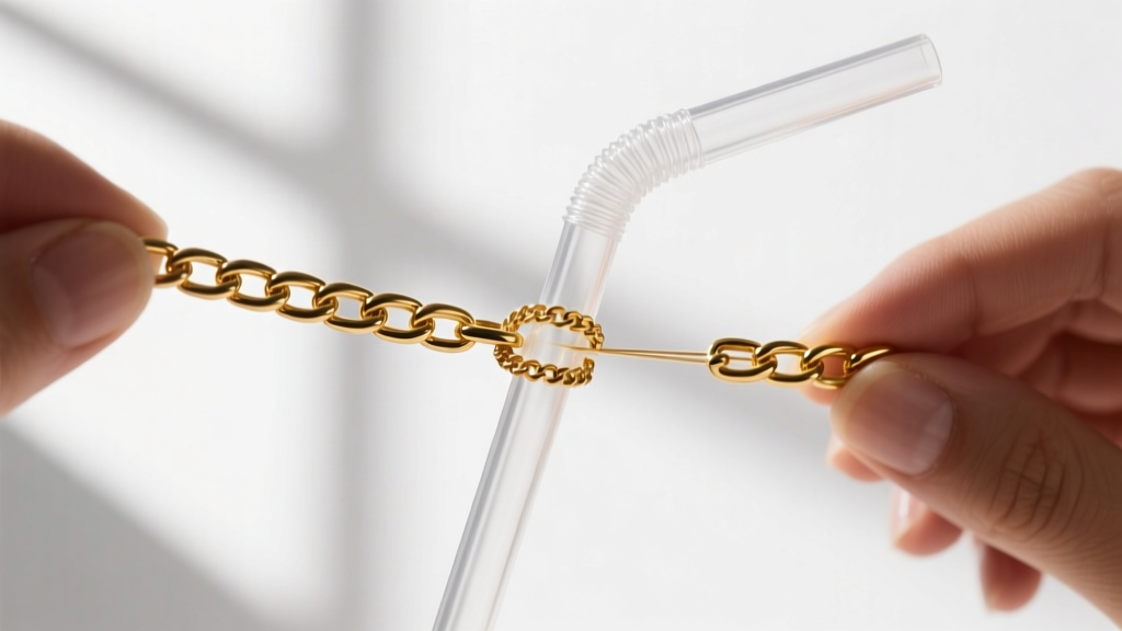 Close-up of a delicate 14k gold herringbone chain being threaded through a clear plastic drinking straw to prevent kinking.