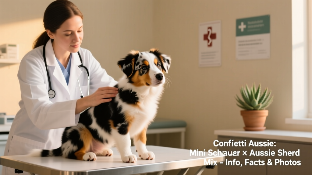 A veterinarian gently examining a Confetti Australian Shepherd puppy during a wellness check, with calm demeanor and clean clinic background