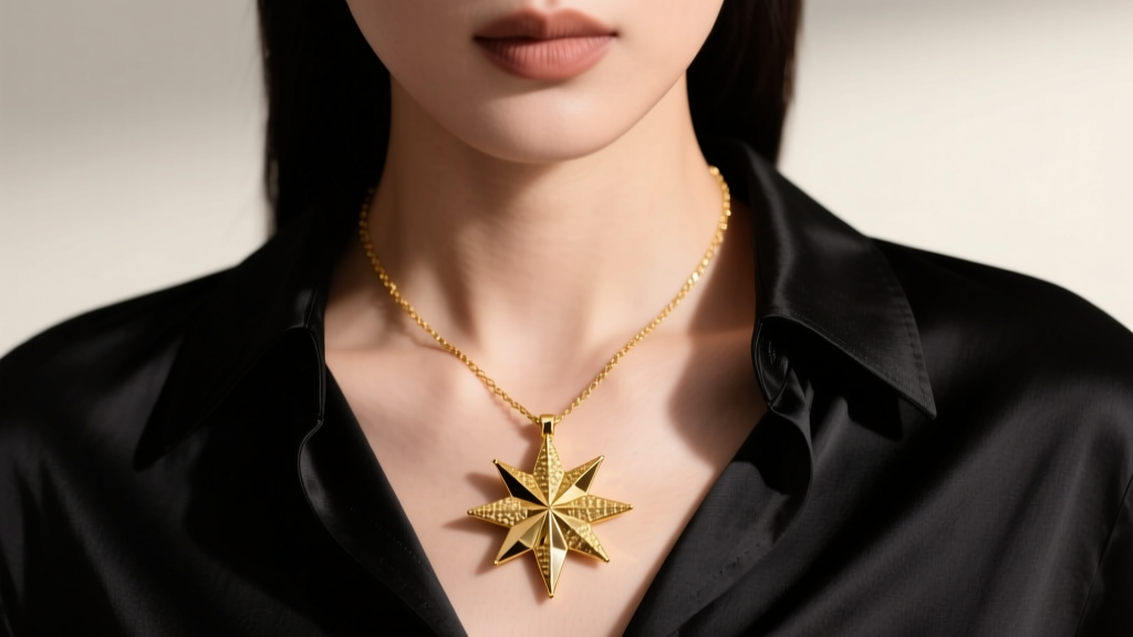 Close-up of a model wearing a layered 14k gold starburst necklace over a black silk blouse, highlighting textured pendant details.