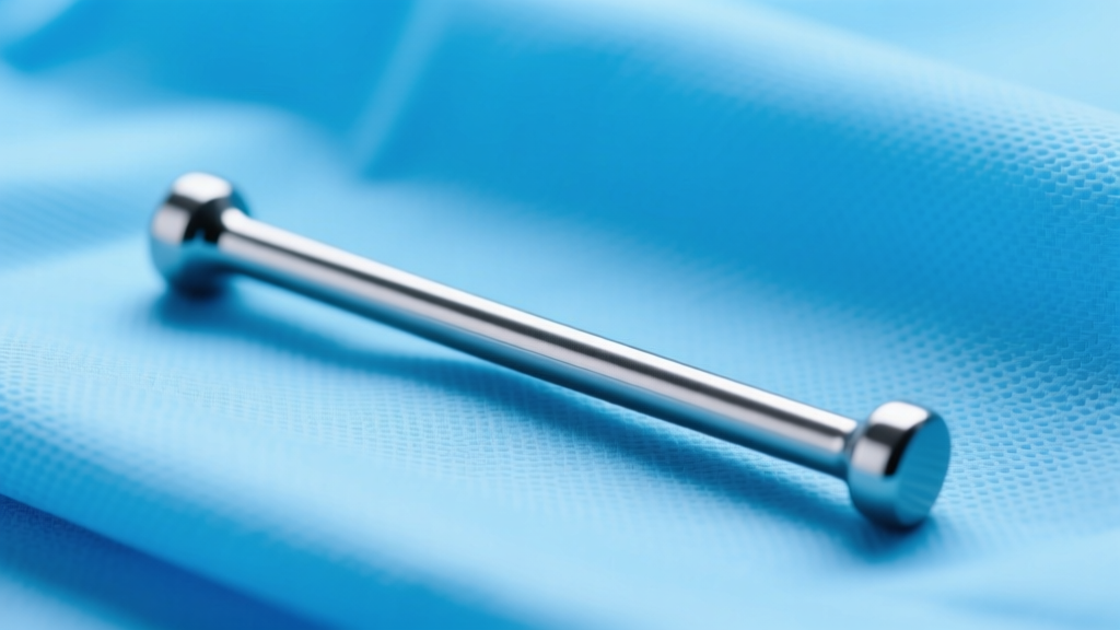 Close-up of a 14-gauge implant-grade titanium curved barbell resting on a sterile blue medical drape under bright studio lighting.