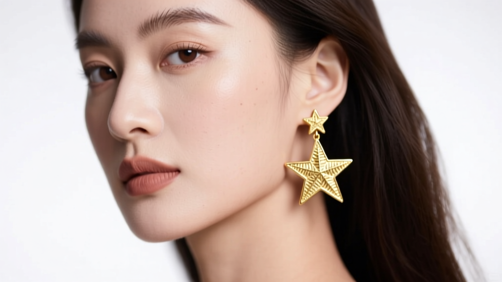 Close-up of a woman wearing large 14k gold vermeil five-point star drop earrings, soft studio lighting highlighting textured metal.