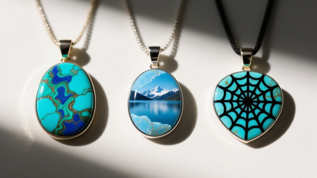 Flatlay of three pendants comparing Kingman with pyrite, Sleeping Beauty clear sky blue, and Persian with black spiderweb matrix.