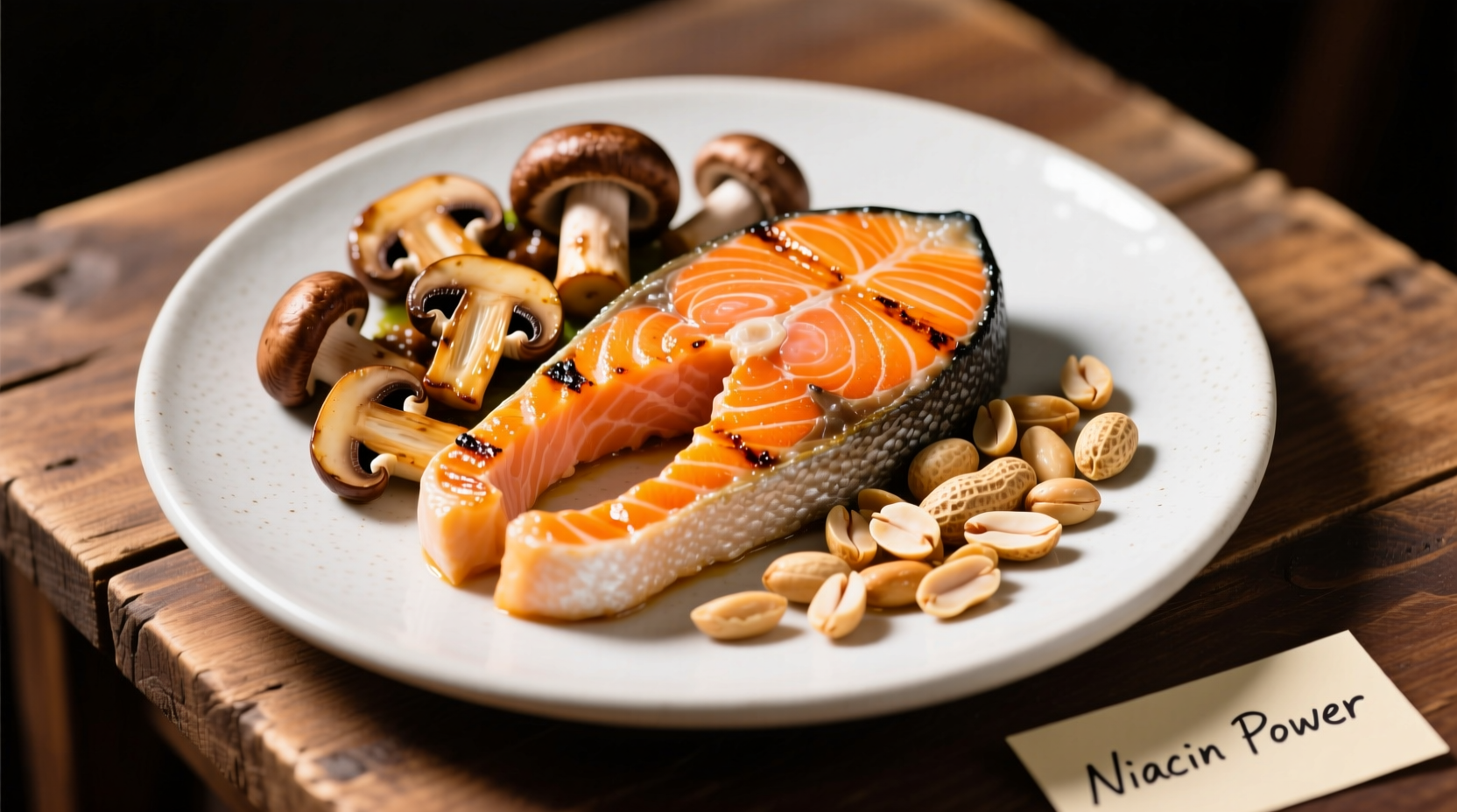 Colorful plate of niacin-rich foods including salmon, mushrooms, and peanuts