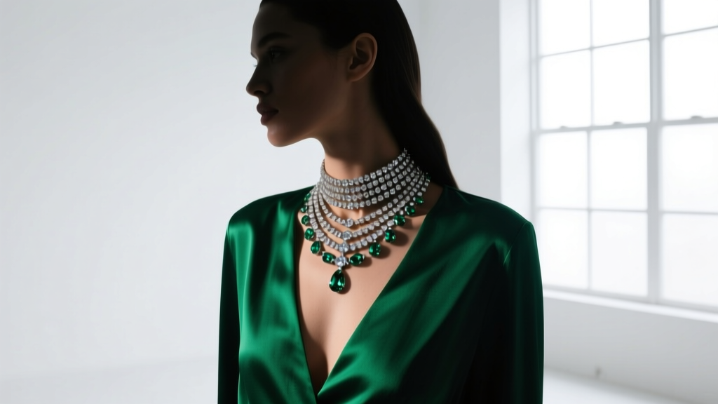 Fashion editorial shot of a model wearing a bold, multi-strand crystal embellished collar necklace over a deep V-neck silk blouse.