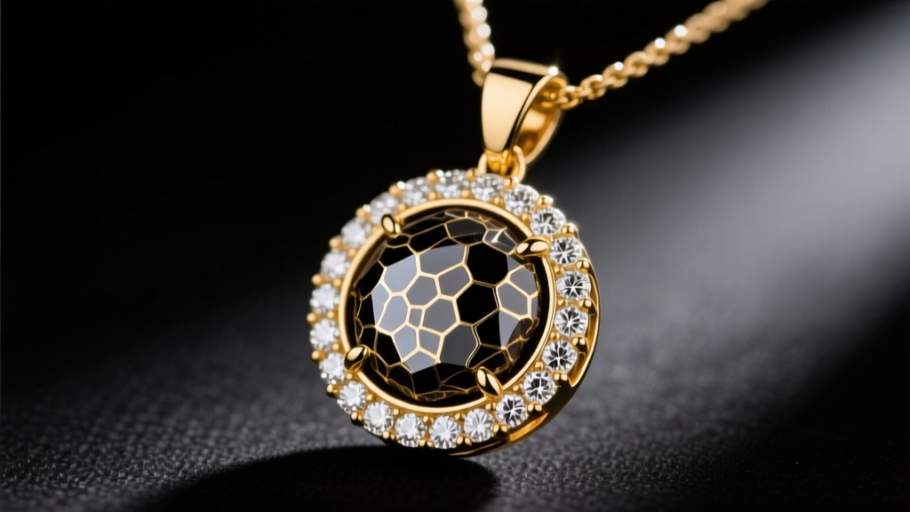 Close-up of an 18k gold Found Heaven necklace pendant with Gibeon meteorite inlay and diamond halo on dark velvet.