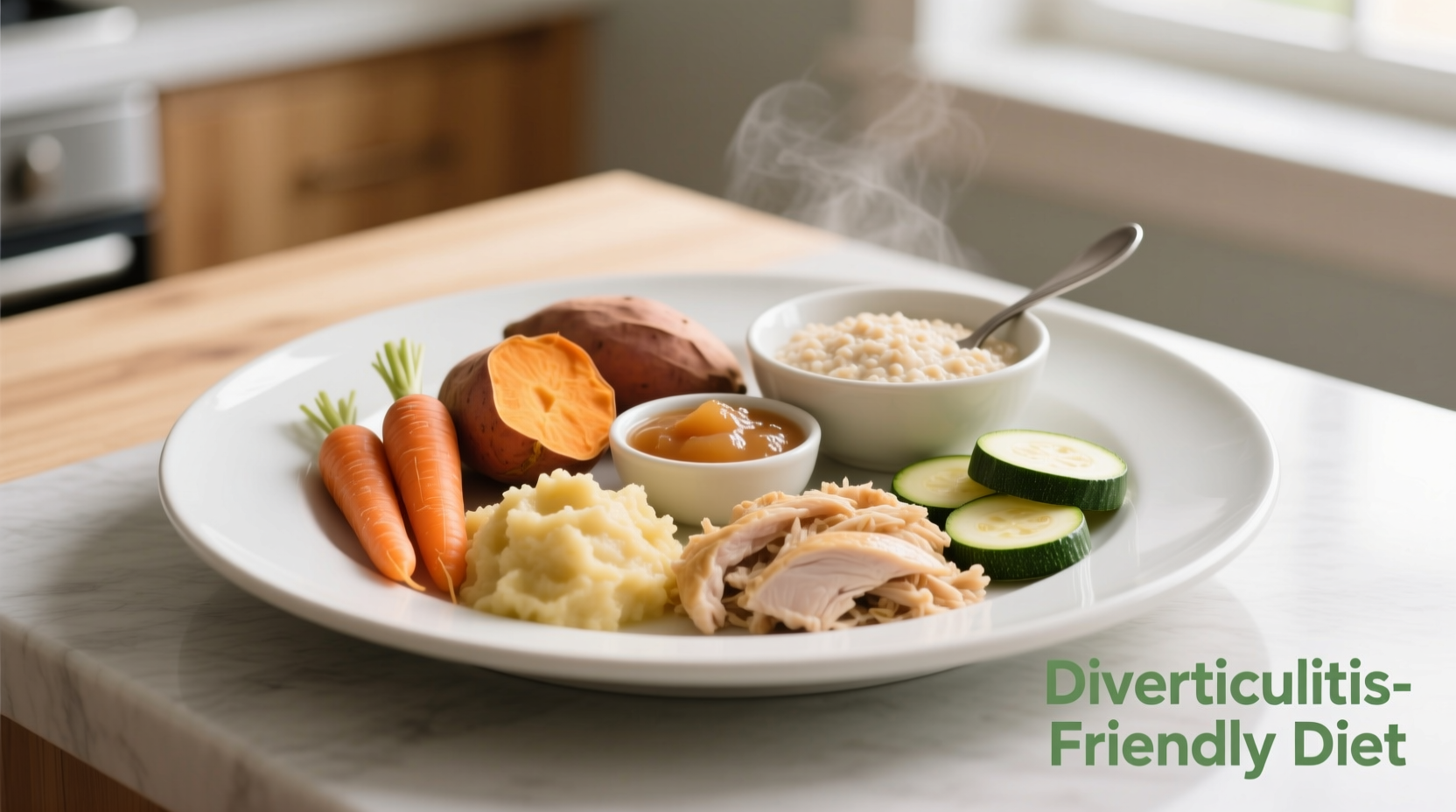 Plate with recommended diverticulitis-friendly foods