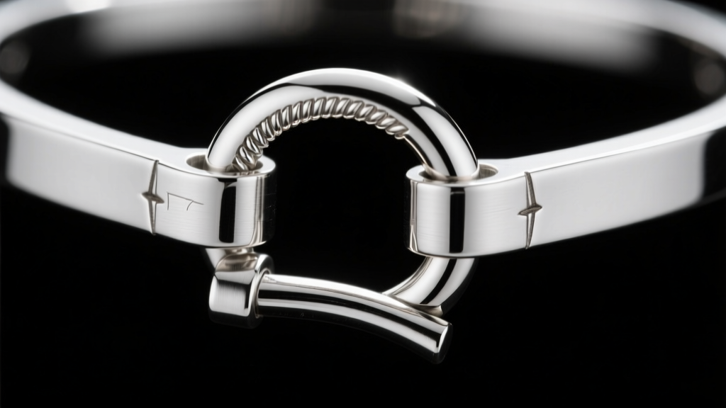 Extreme close-up of a heavy-duty sterling silver toggle clasp on a choker, revealing the soldered jump ring and machined T-bar insertion mechanism