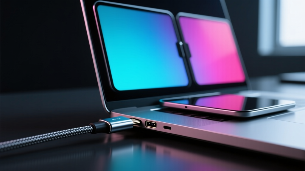 Close-up of a USB-C cable connecting a laptop to a slide-out dual-screen attachment with glowing RGB accents in a dark room