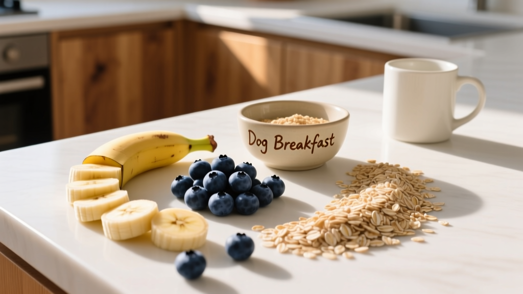 Fresh blueberries, banana, and oats arranged on a clean kitchen counter