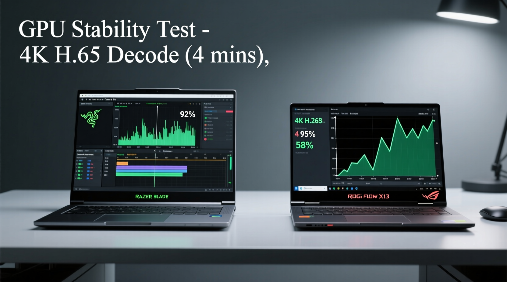 Side-by-side comparison showing Razer Blade 14 running DaVinci Resolve timeline with GPU utilization stable at 92%, next to ROG Flow X13 showing GPU utilization dipping from 95% to 58% after 4 minutes of 4K H.265 decode