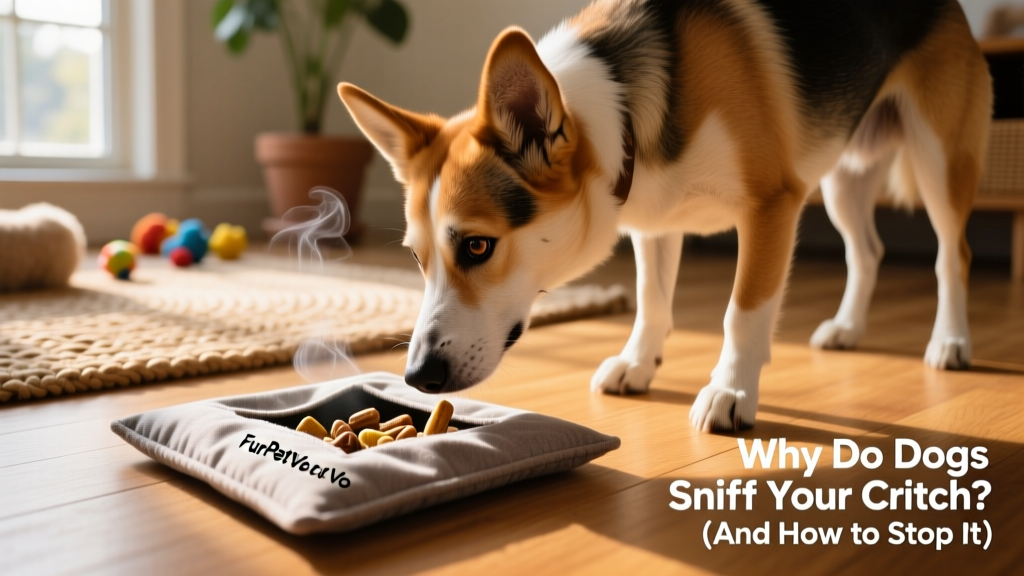 Dog focused intently on solving a FurPetVo scent puzzle mat, with treats partially revealed in fabric pockets