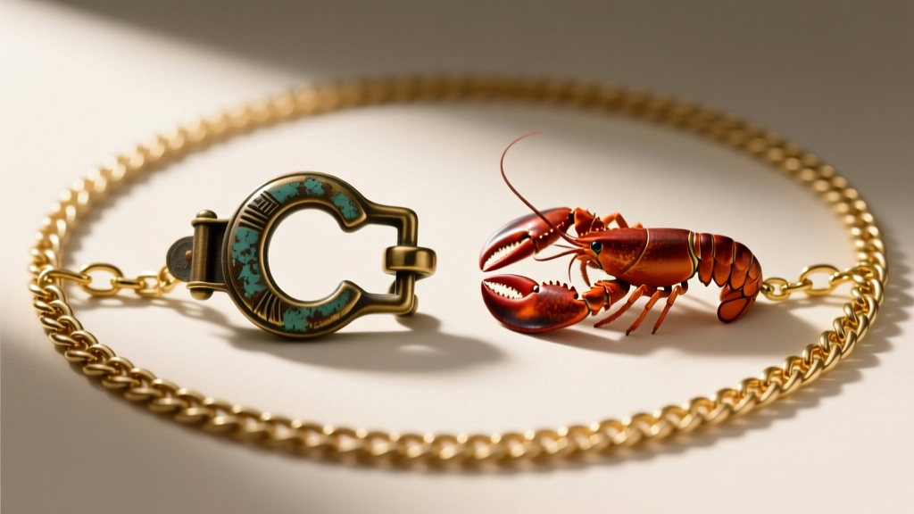 Close-up comparing an antique C-clasp and modern lobster clasp on a gold chain, showing patina and mechanical differences clearly