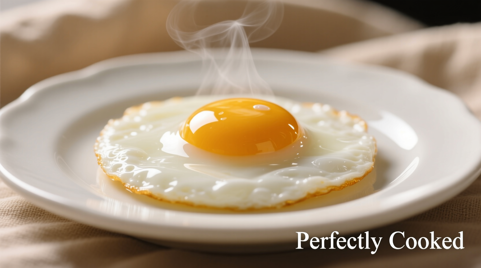 Perfectly cooked sunny-side up eggs with runny yolk on white plate