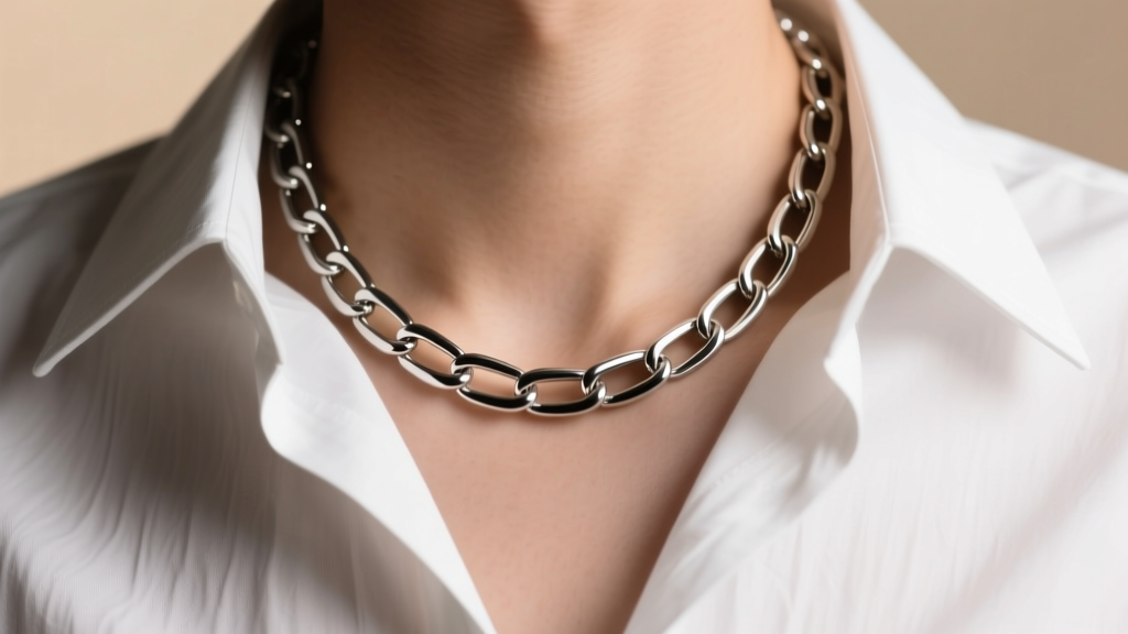 Close-up of a silver 20 inch box chain necklace resting perfectly just below the collar of a crisp white button-down shirt