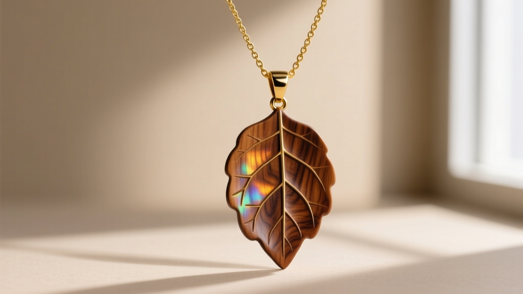 Macro shot of a carved Koa wood maile leaf pendant on a 14k gold chain, highlighting the natural chatoyancy and rich brown grain