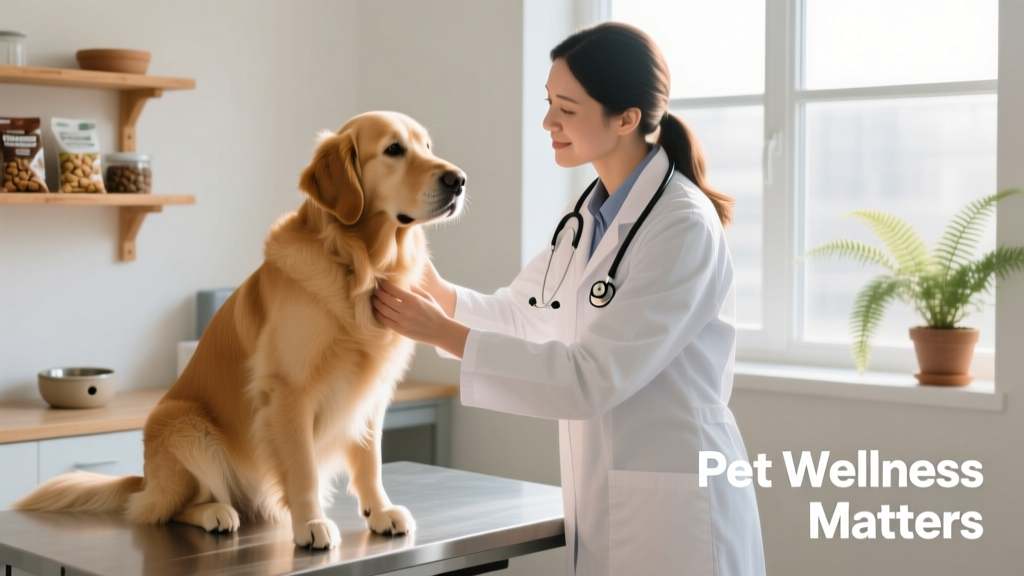 Veterinarian gently examining a calm, seated dog during a routine wellness checkup