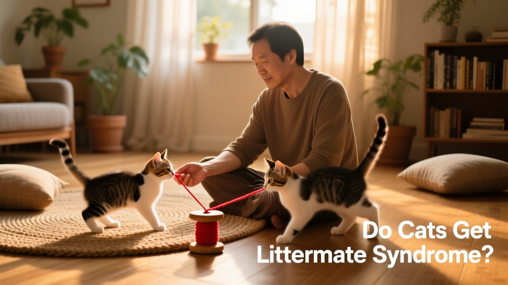 A person sitting calmly on the floor while two kittens explore nearby, one sniffing a hand, the other batting at a string
