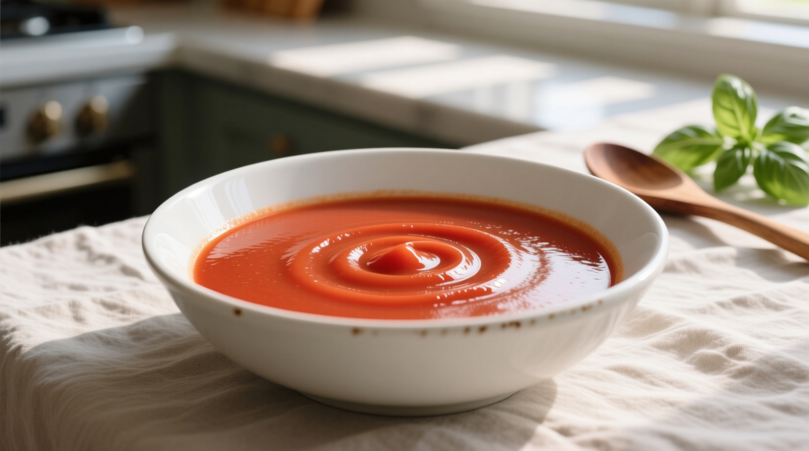 Perfectly emulsified tomato soup in white bowl