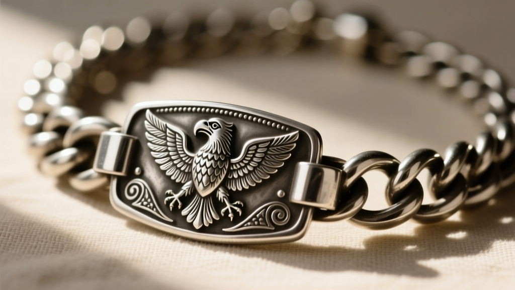 Macro shot of a vintage Mexican Taxco silver eagle hallmark stamped deeply into the thick clasp of a chunky statement necklace.