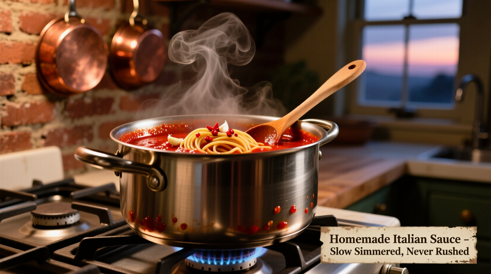 Rich red spaghetti sauce simmering in stainless steel pot