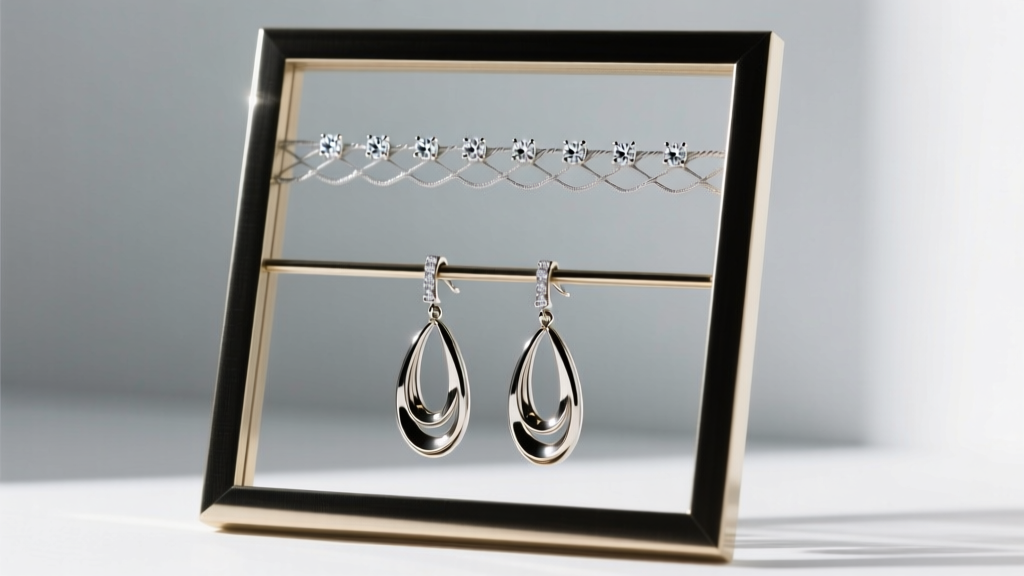 Picture frame earring holder showing heavy dangles on the bottom row, and small diamond studs clustered along the top wire mesh.