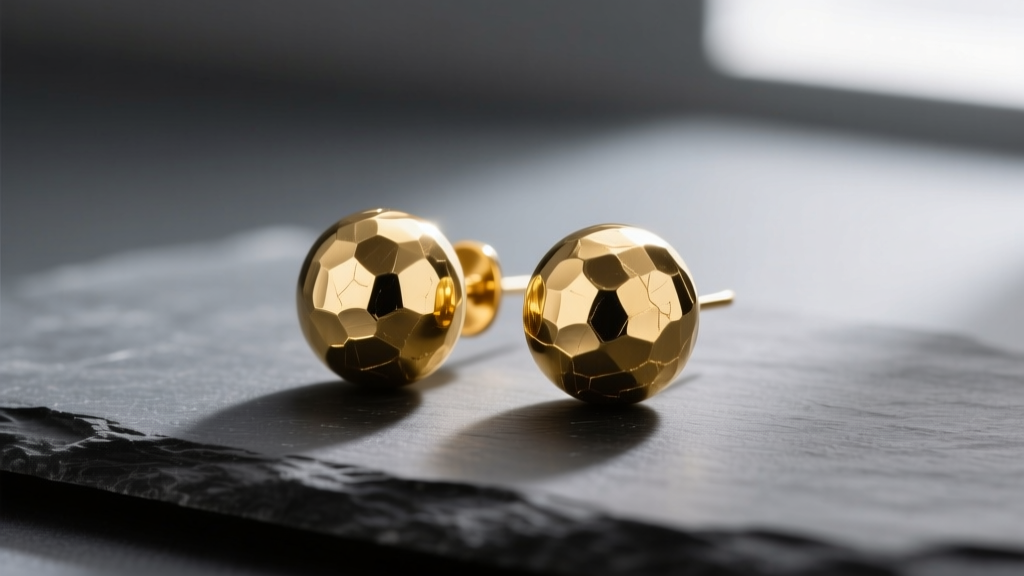 Hand-hammered 14k yellow gold ball earrings resting on dark slate, highlighting artisan texture and matte finish in soft light