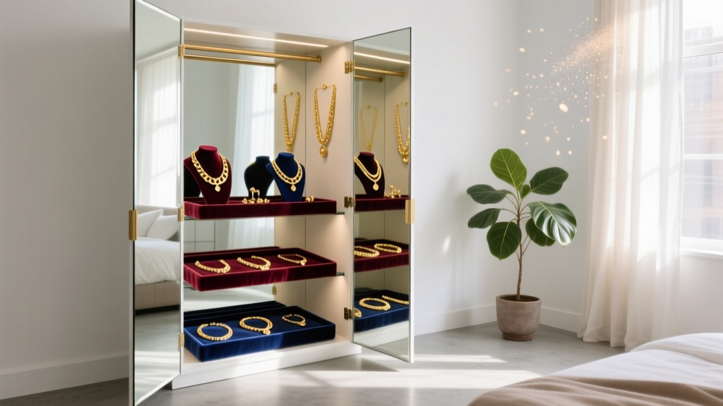 Full length mirror jewelry cabinet open, showing gold necklaces and velvet trays in a bright, modern, sunlit bedroom setting.
