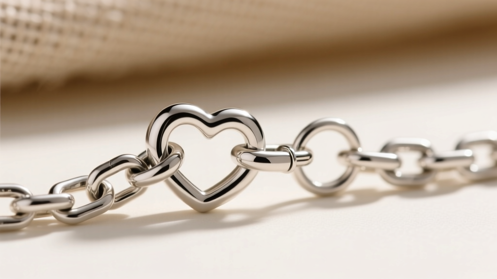 Macro shot of a sterling silver heart link chain clasp, showing a sturdy 14mm lobster claw attached to a 2mm soldered jump ring.