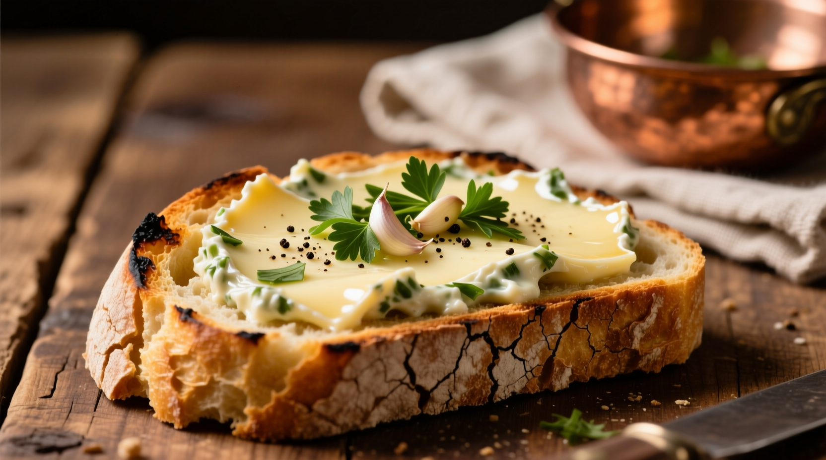 Garlic and herb cheese spread on crusty bread