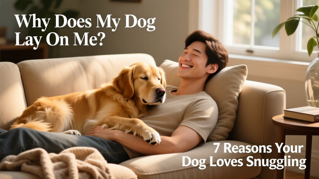 a smiling person reclining on a couch with a Golden Retriever resting comfortably across their lap