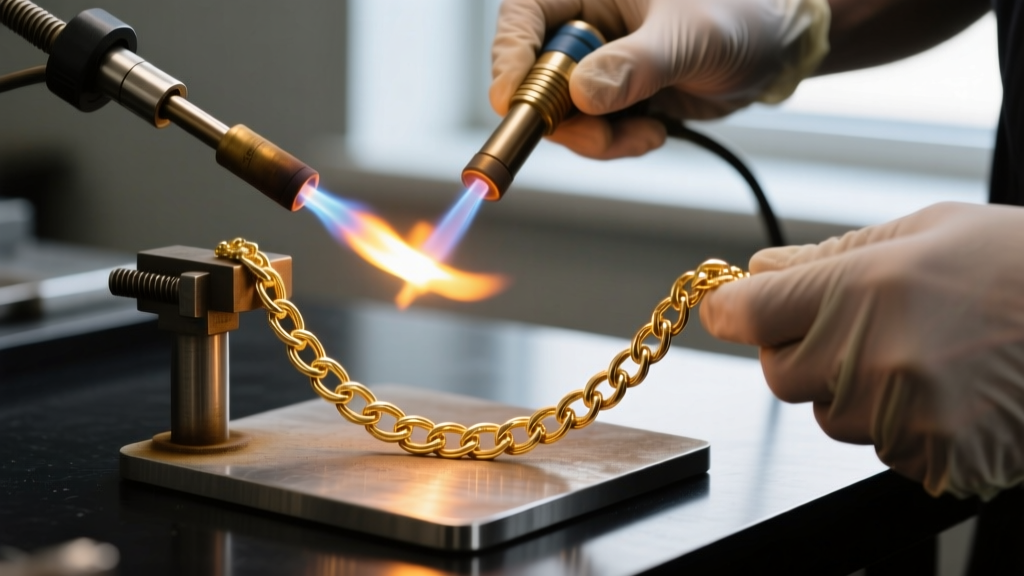Jeweler using a micro-torch to carefully anneal a kinked 18k gold herringbone chain secured on a heat-resistant soldering pad