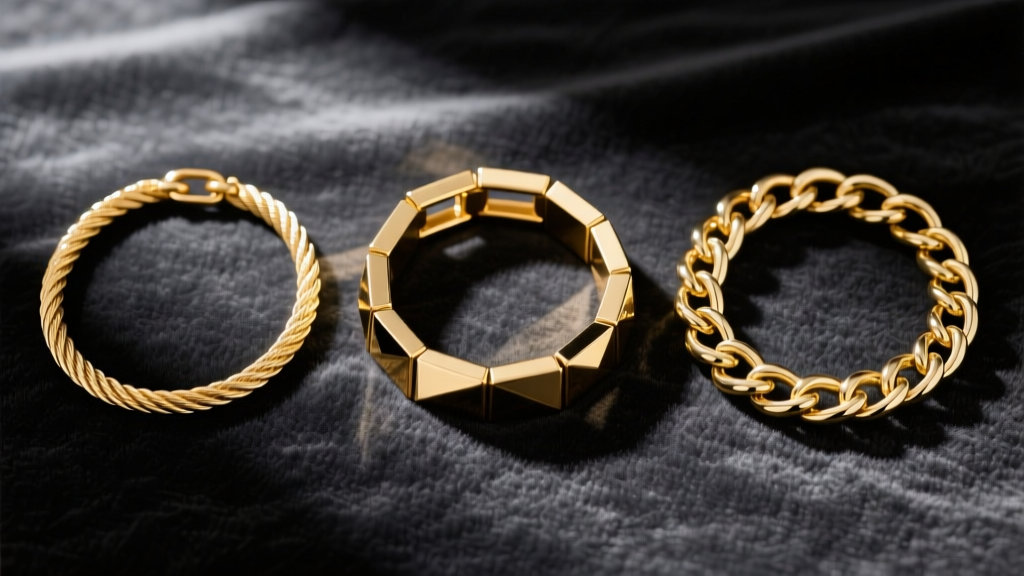 Flat lay of three gold chains with cable, box, and rolo link textures, arranged neatly on a dark velvet surface for styling