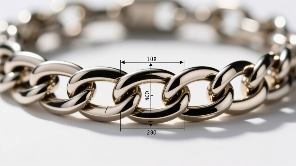 Close-up technical jewelry sketch of a figaro chain link pattern with precise millimeter dimension lines and graphite annotations.