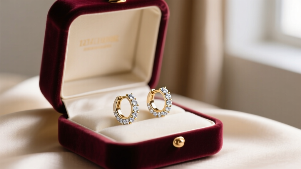 Open velvet jewelry box revealing 14k white gold pavé huggies diamond earrings resting on soft cream silk fabric in warm lighting
