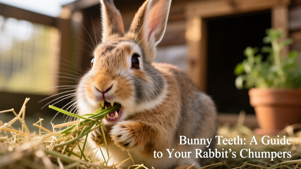 Rabbit gently nibbling fresh timothy hay, showcasing proper incisor alignment and active chewing motion