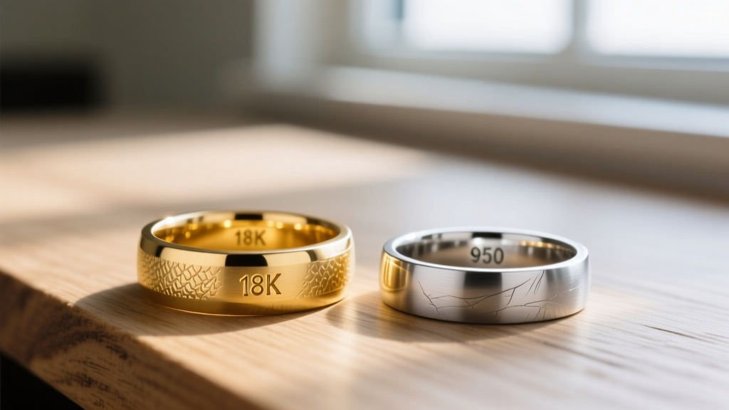Macro comparison of 18k yellow gold and 950 platinum bands showing distinct hallmarks and metal patina textures on a wooden desk.
