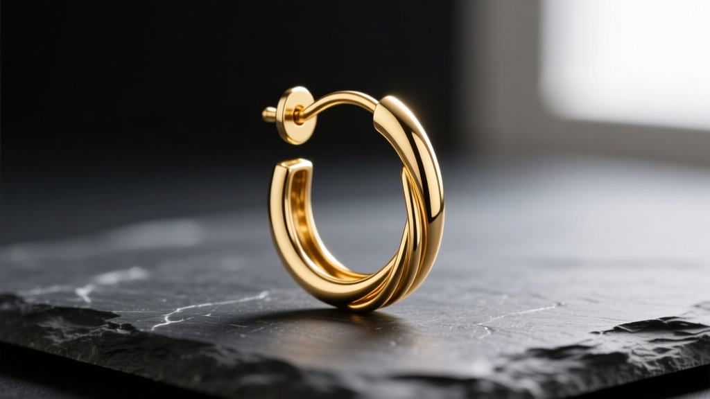 Macro shot of a 20-gauge 14k gold french hook earring wire on dark slate, highlighting the smooth curve and top loop