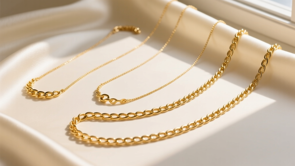 Elegant flat lay of five gold chain necklaces in varying lengths from 14 to 24 inches arranged on a cream silk fabric background