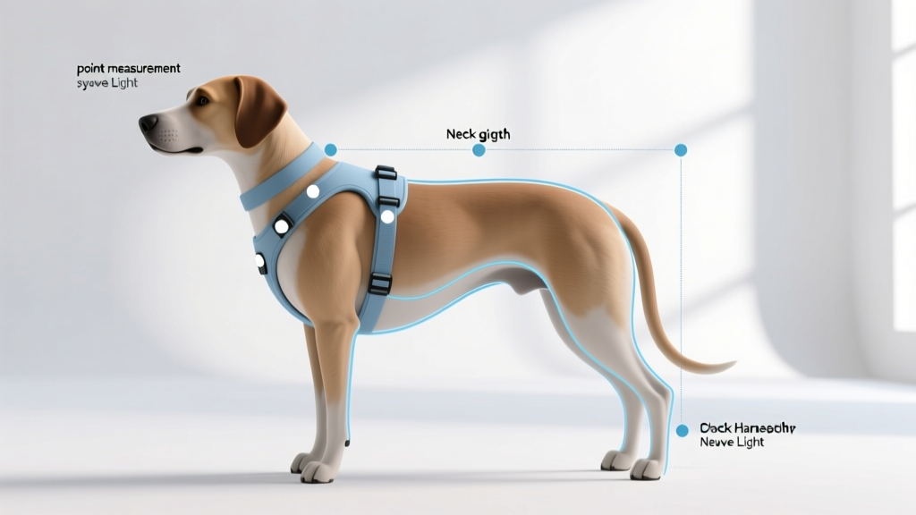 Diagram showing the three-point measurement system for a dog mobility harness including neck girth chest girth and back length