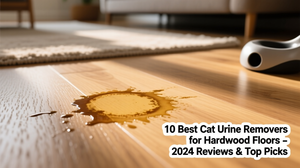 Close-up of cat urine stain on light hardwood floor, with visible discoloration and dampness