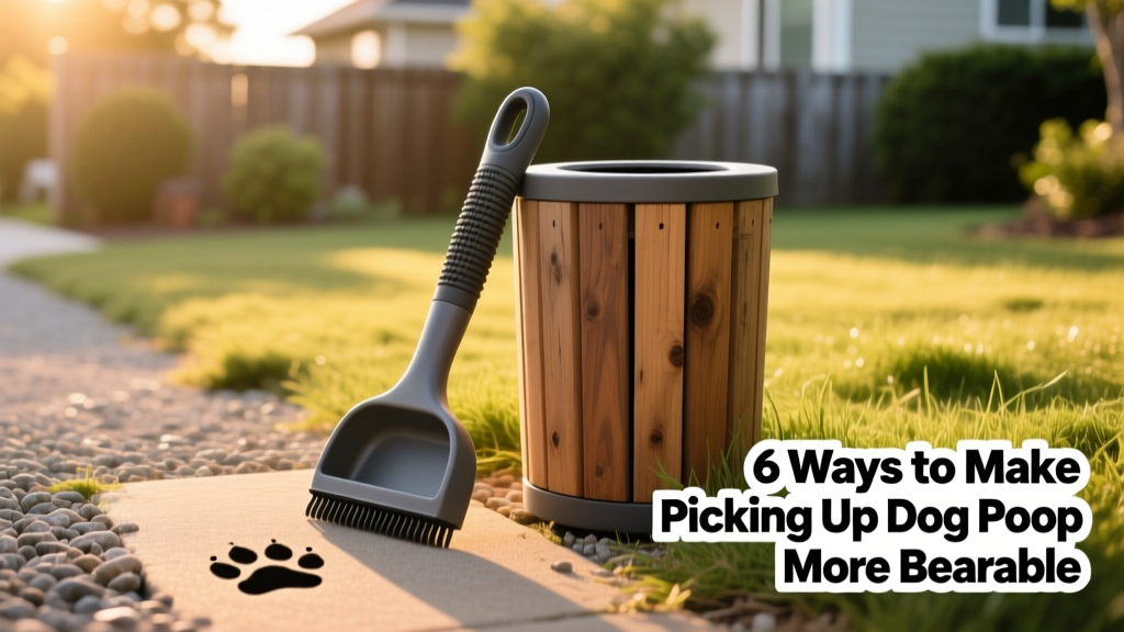 Handheld pooper scooper with ergonomic handle, resting beside a small outdoor trash bin