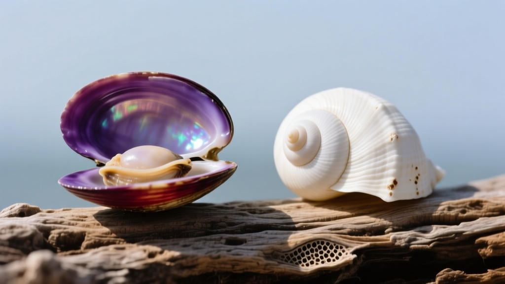 Side-by-side macro photograph of a raw purple quahog clam shell and a white knobbed whelk shell resting on weathered driftwood.