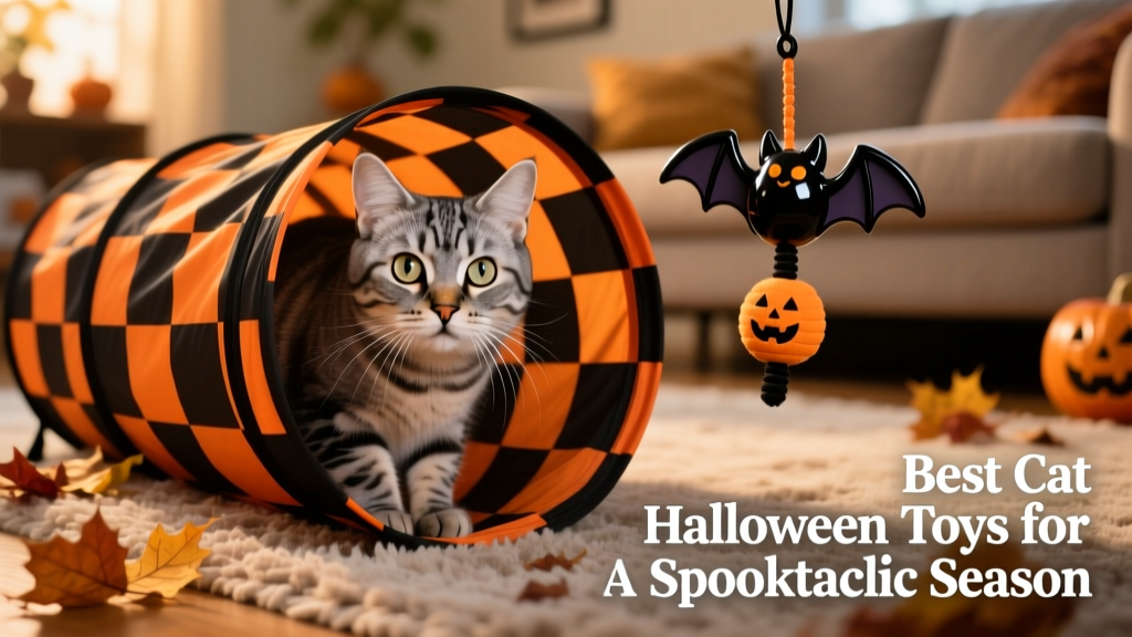 A gray cat peeking out of a checkered Halloween tunnel with a dangling bat toy nearby