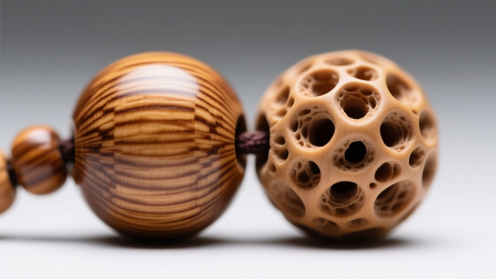 Macro shot comparing the tight wood grain of a camphor necklace bead to a porous sandalwood bead, highlighting density differences.