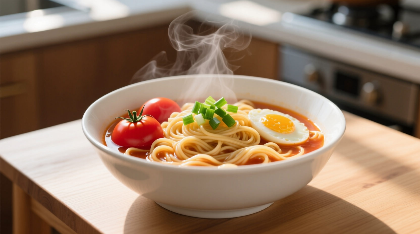 Fresh tomato egg noodles in white bowl